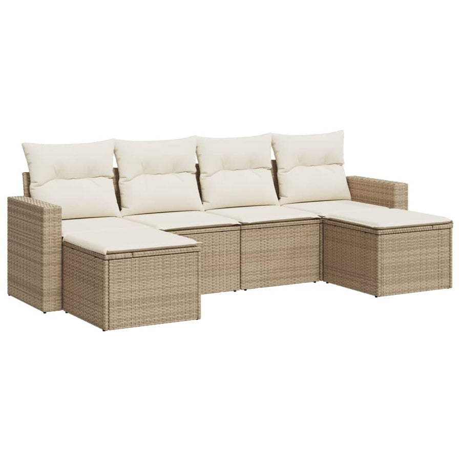 6-delige Loungeset met kussens poly rattan beige