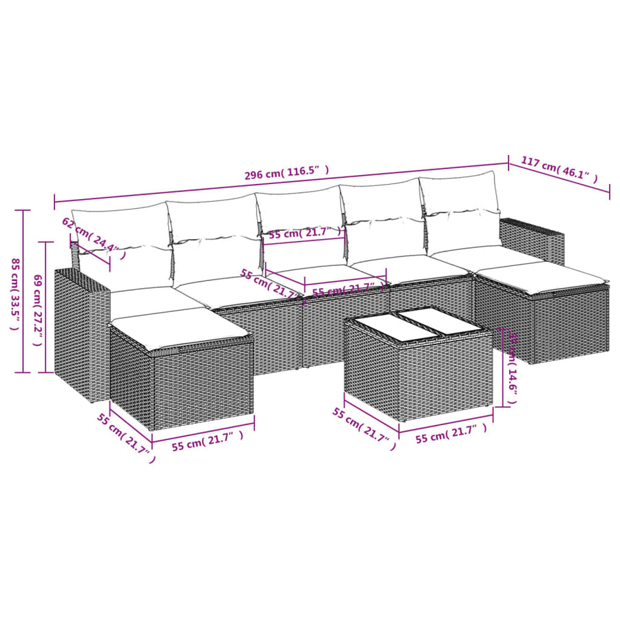 8-Delige Loungeset Met Kussens Poly Rattan Zwart