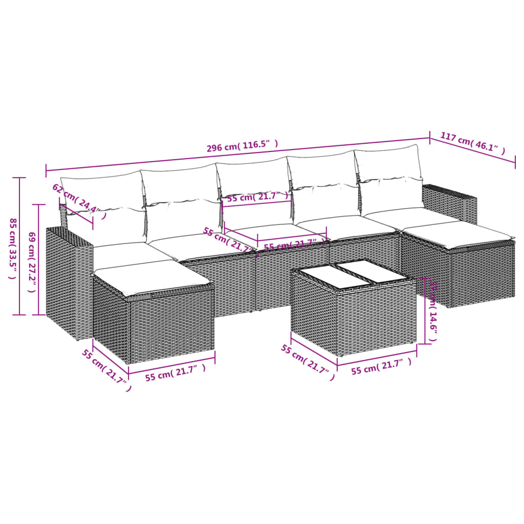 8-delige Loungeset met kussens poly rattan lichtgrijs
