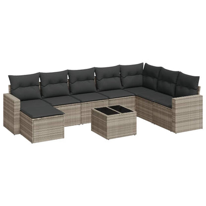 9-delige Loungeset met kussens poly rattan lichtgrijs