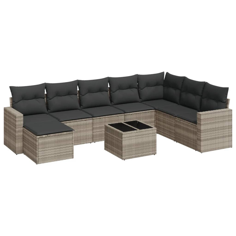 9-delige Loungeset met kussens poly rattan lichtgrijs