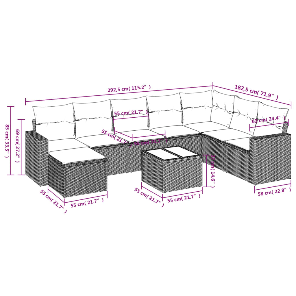 9-delige Loungeset met kussens poly rattan lichtgrijs