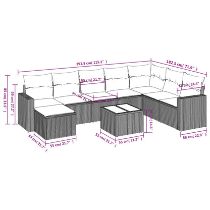 9-delige Loungeset met kussens poly rattan lichtgrijs