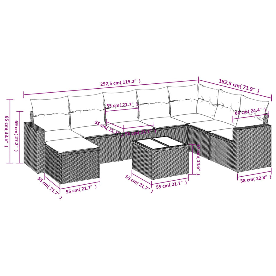 9-delige Loungeset met kussens poly rattan lichtgrijs