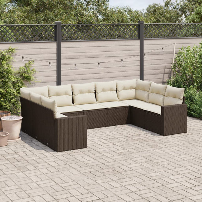 9-delige Loungeset met kussens poly rattan bruin 1 Bruin en crème