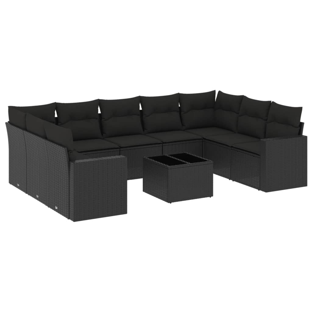 10-delige Loungeset met kussens poly rattan zwart Zwart Met tafel