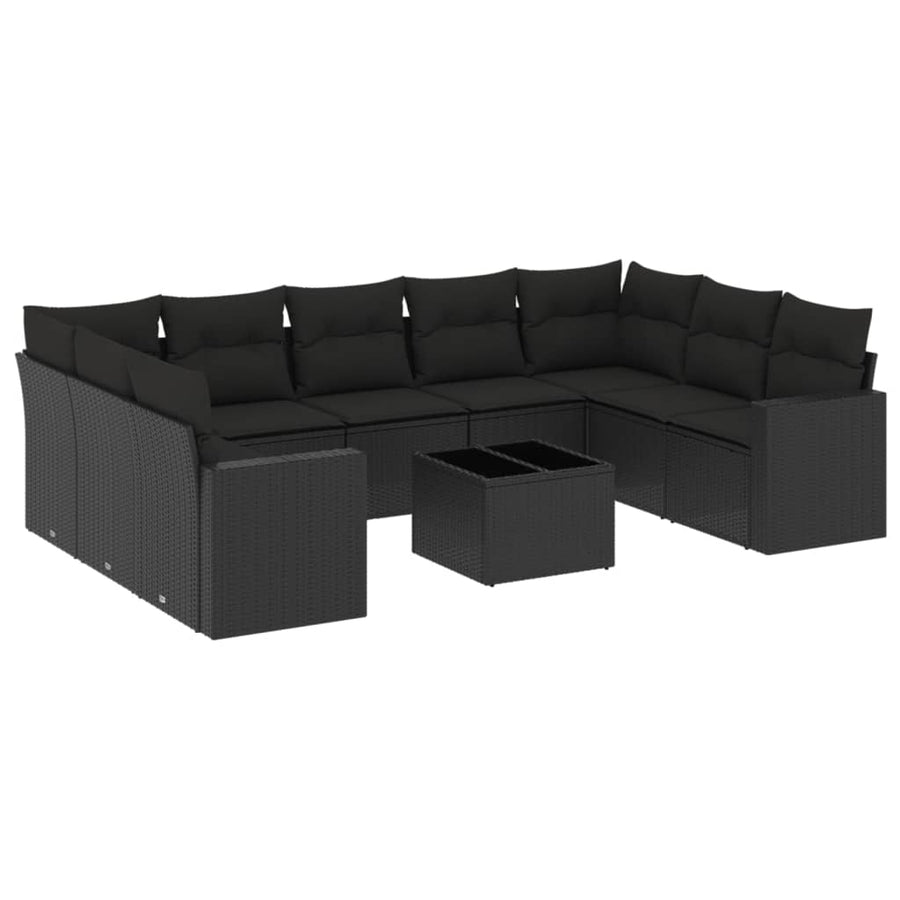 10-delige Loungeset met kussens poly rattan zwart Zwart Met tafel