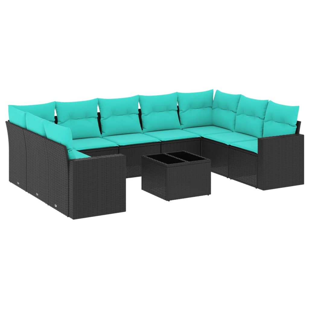 10-Delige Loungeset Met Kussens Poly Rattan Zwart en blauw