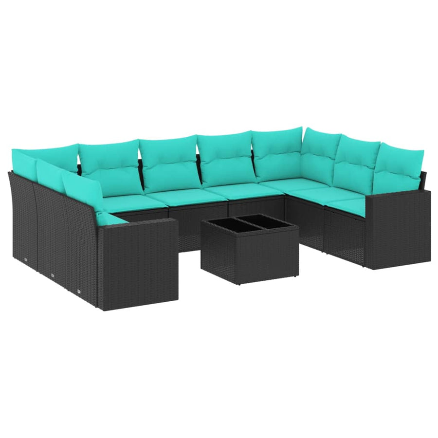 10-Delige Loungeset Met Kussens Poly Rattan Zwart en blauw