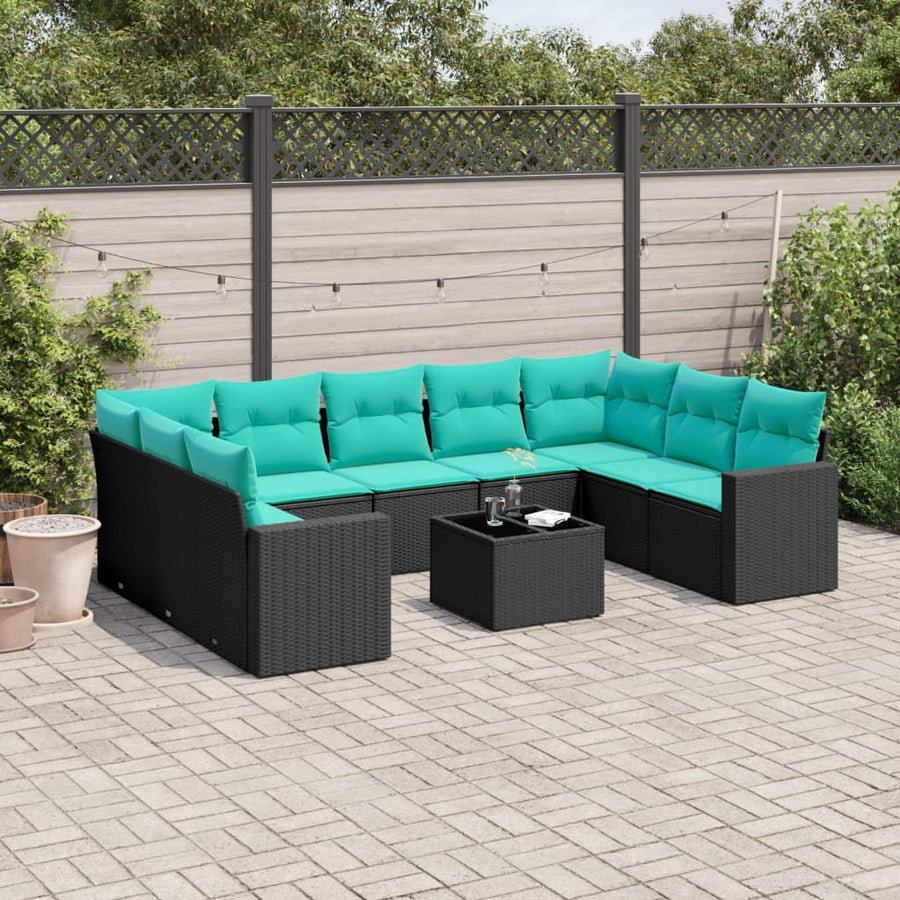 10-Delige Loungeset Met Kussens Poly Rattan Zwart en blauw