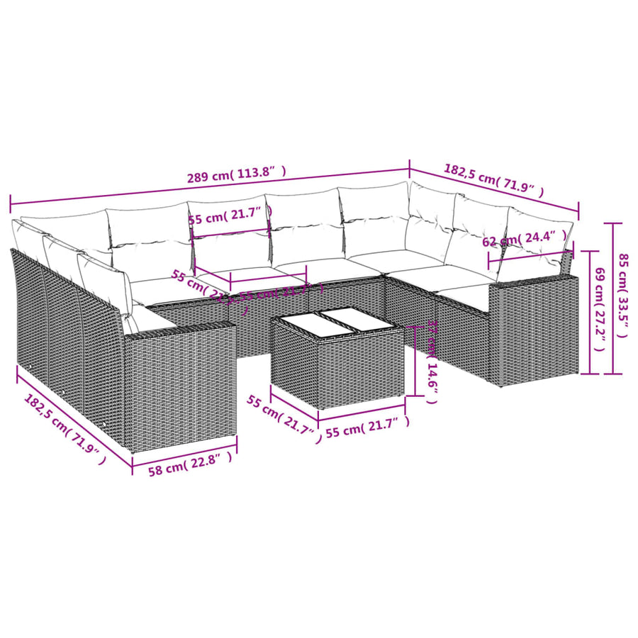 10-Delige Loungeset Met Kussens Poly Rattan Grijs