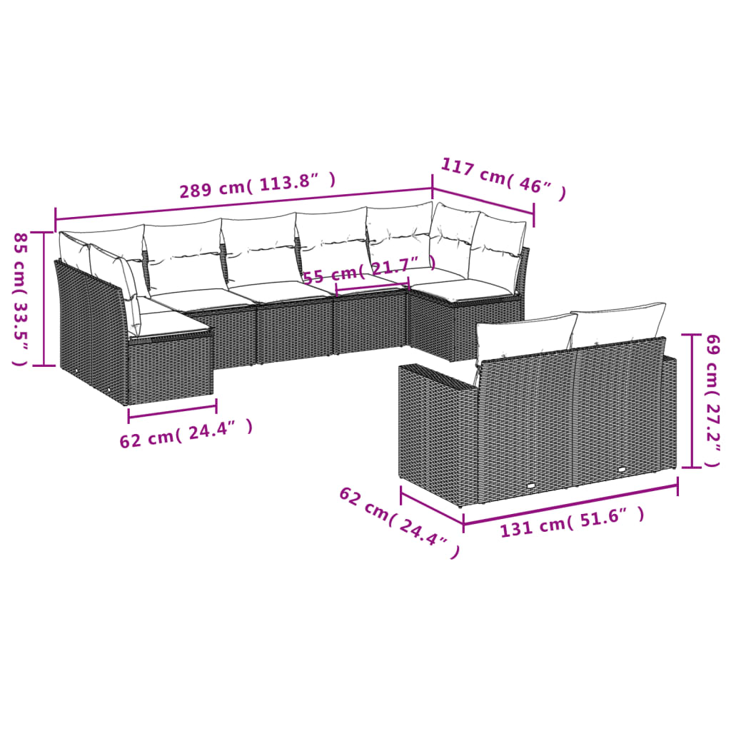 9-Delige Loungeset Met Kussens Poly Rattan Zwart