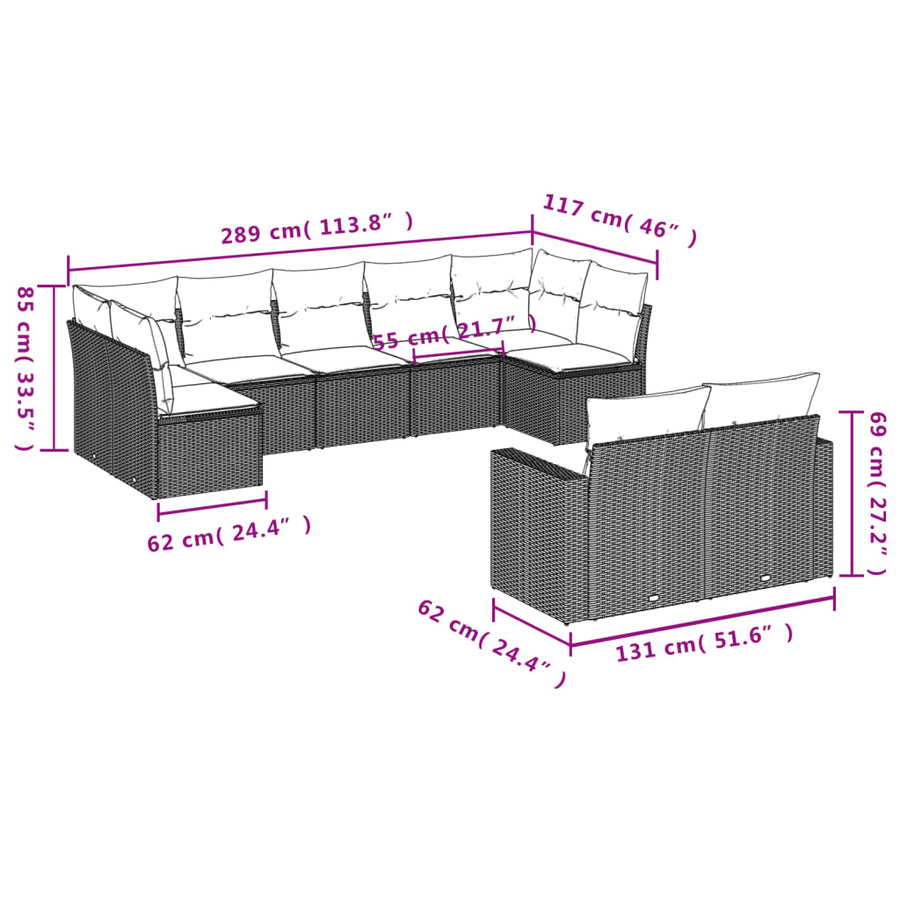 9-Delige Loungeset Met Kussens Poly Rattan Zwart