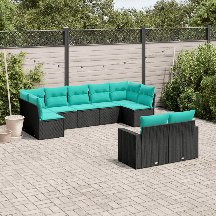 9-Delige Loungeset Met Kussens Poly Rattan 1 Zwart en blauw