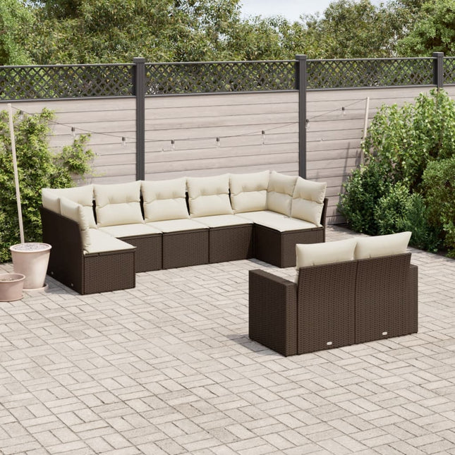 9-delige Loungeset met kussens poly rattan bruin