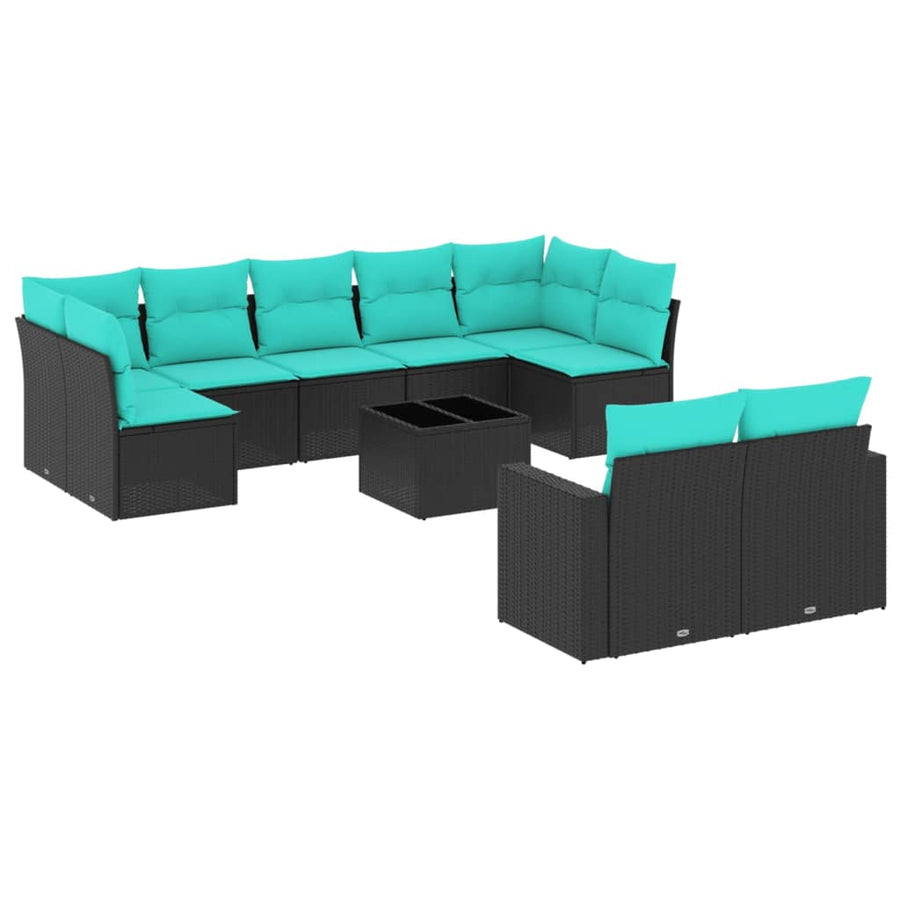 10-Delige Loungeset Met Kussens Poly Rattan Zwart en blauw