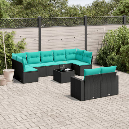 10-Delige Loungeset Met Kussens Poly Rattan Zwart en blauw
