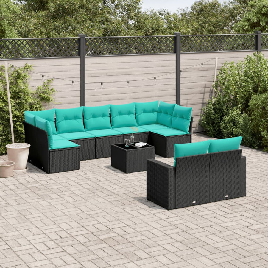 10-Delige Loungeset Met Kussens Poly Rattan Zwart en blauw