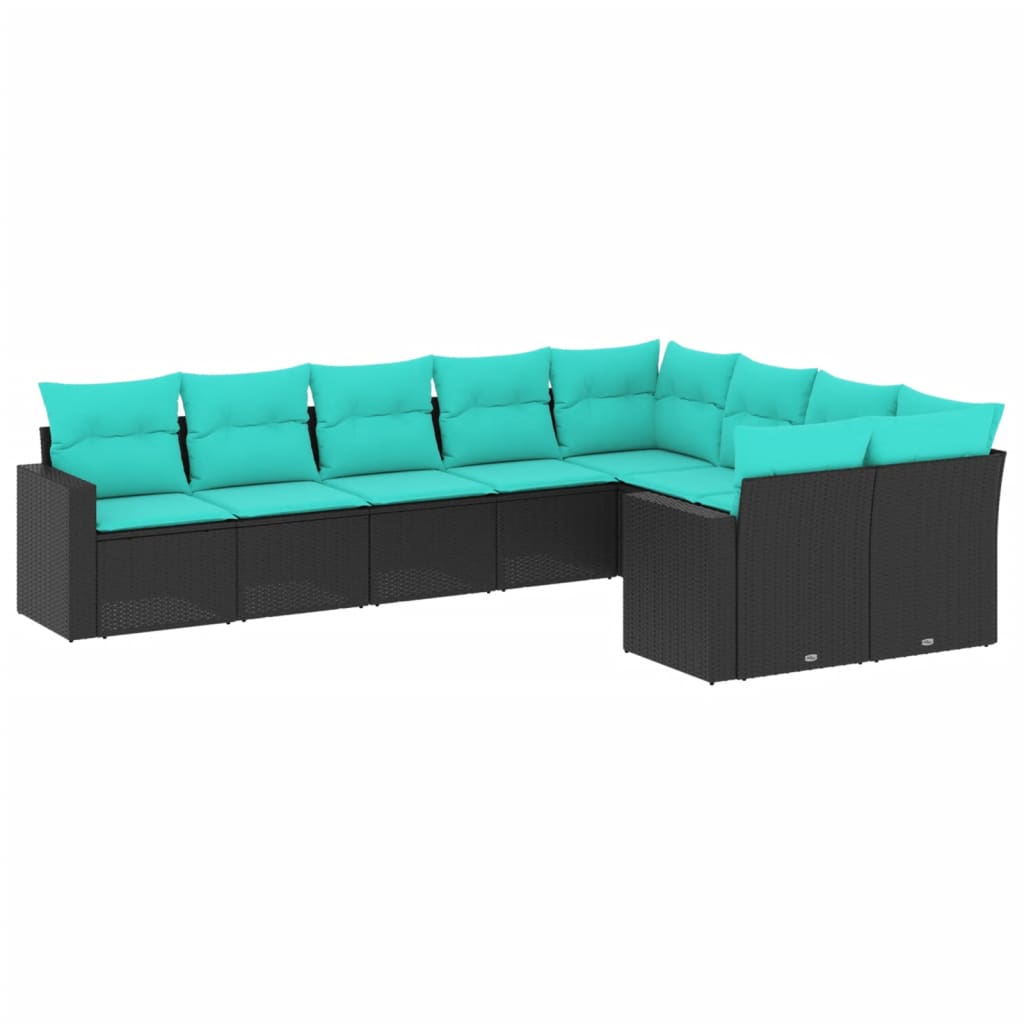 9-Delige Loungeset Met Kussens Poly Rattan 1 Zwart en blauw