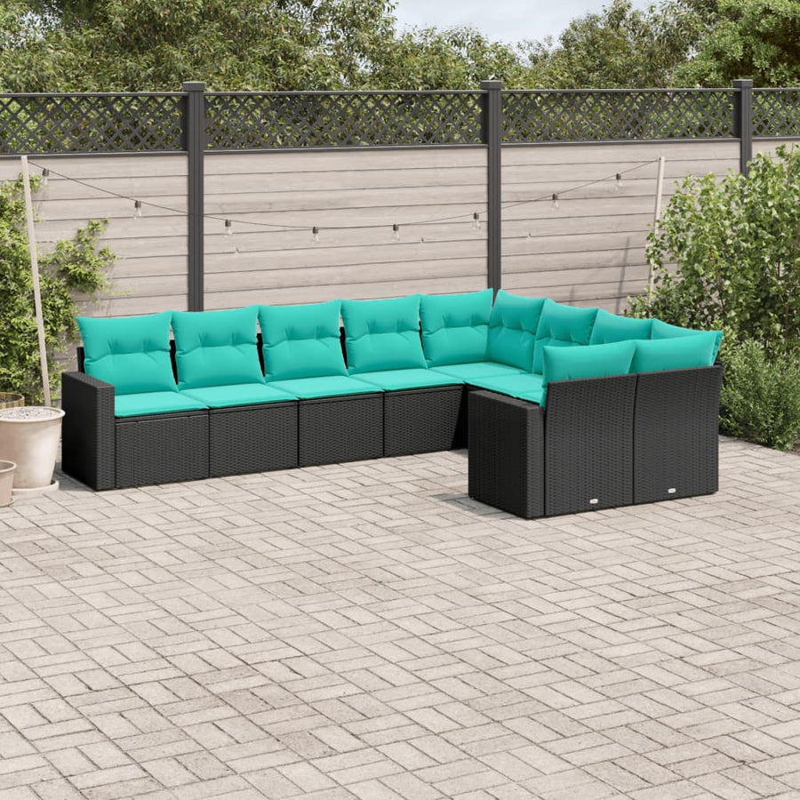 9-Delige Loungeset Met Kussens Poly Rattan 1 Zwart en blauw