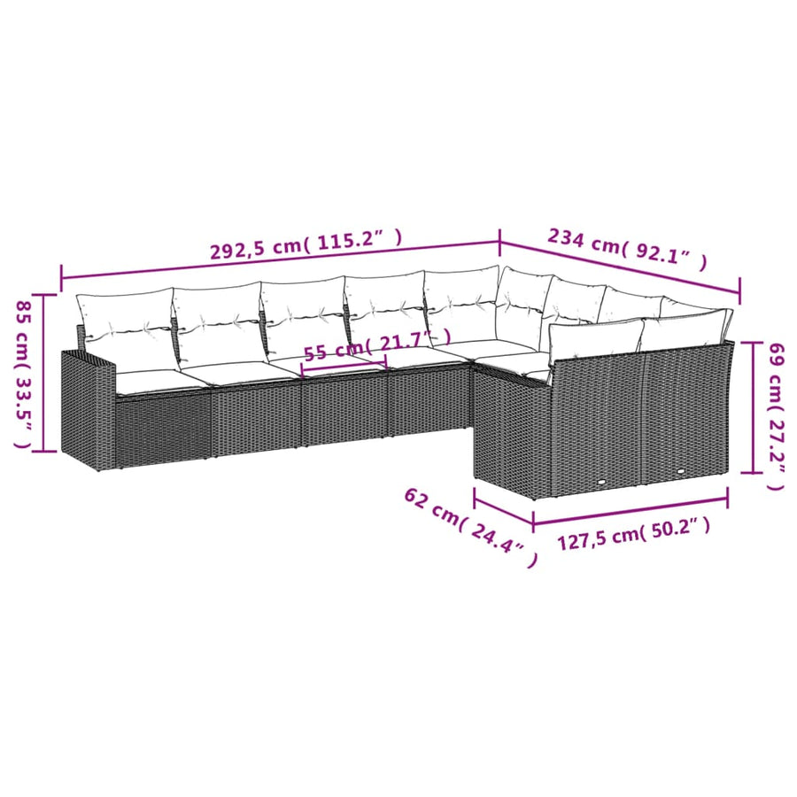 9-delige Loungeset met kussens poly rattan bruin