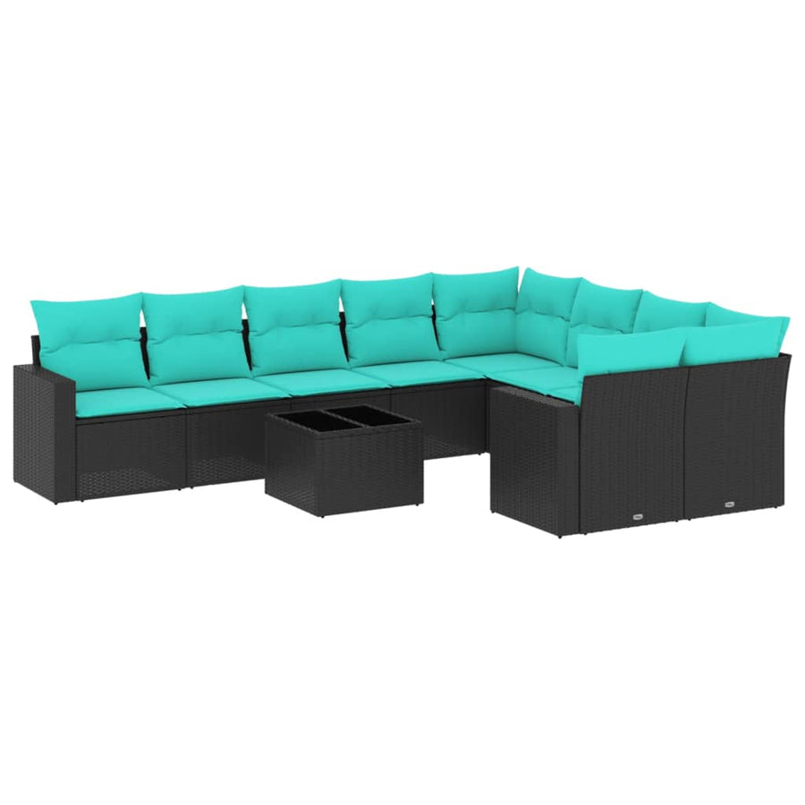 10-Delige Loungeset Met Kussens Poly Rattan Zwart en blauw
