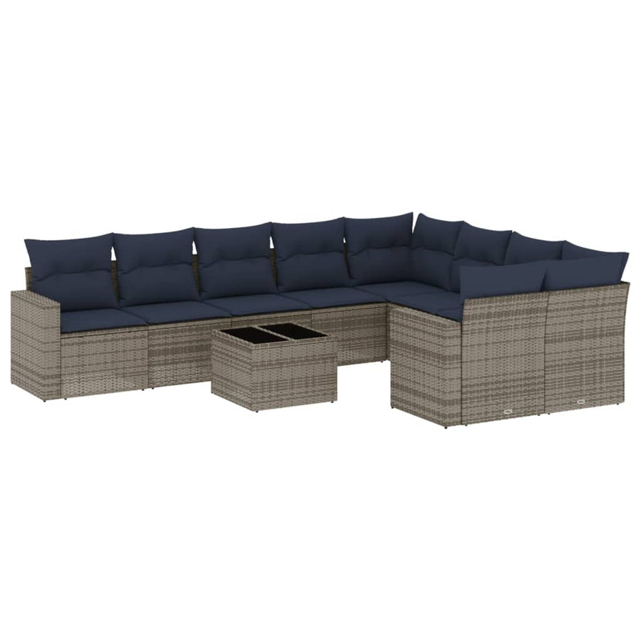 10-delige Loungeset met kussens poly rattan grijs