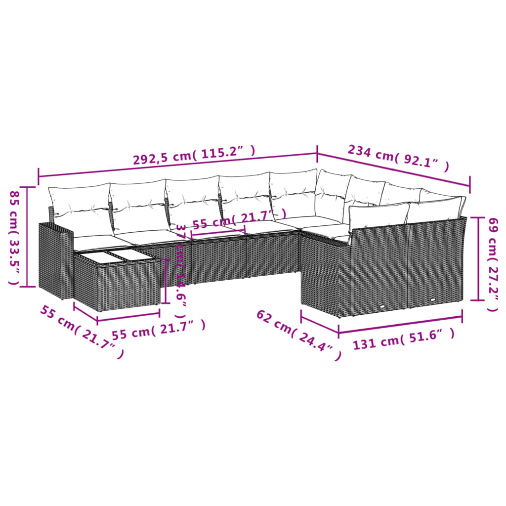10-Delige Loungeset Met Kussens Poly Rattan Beige