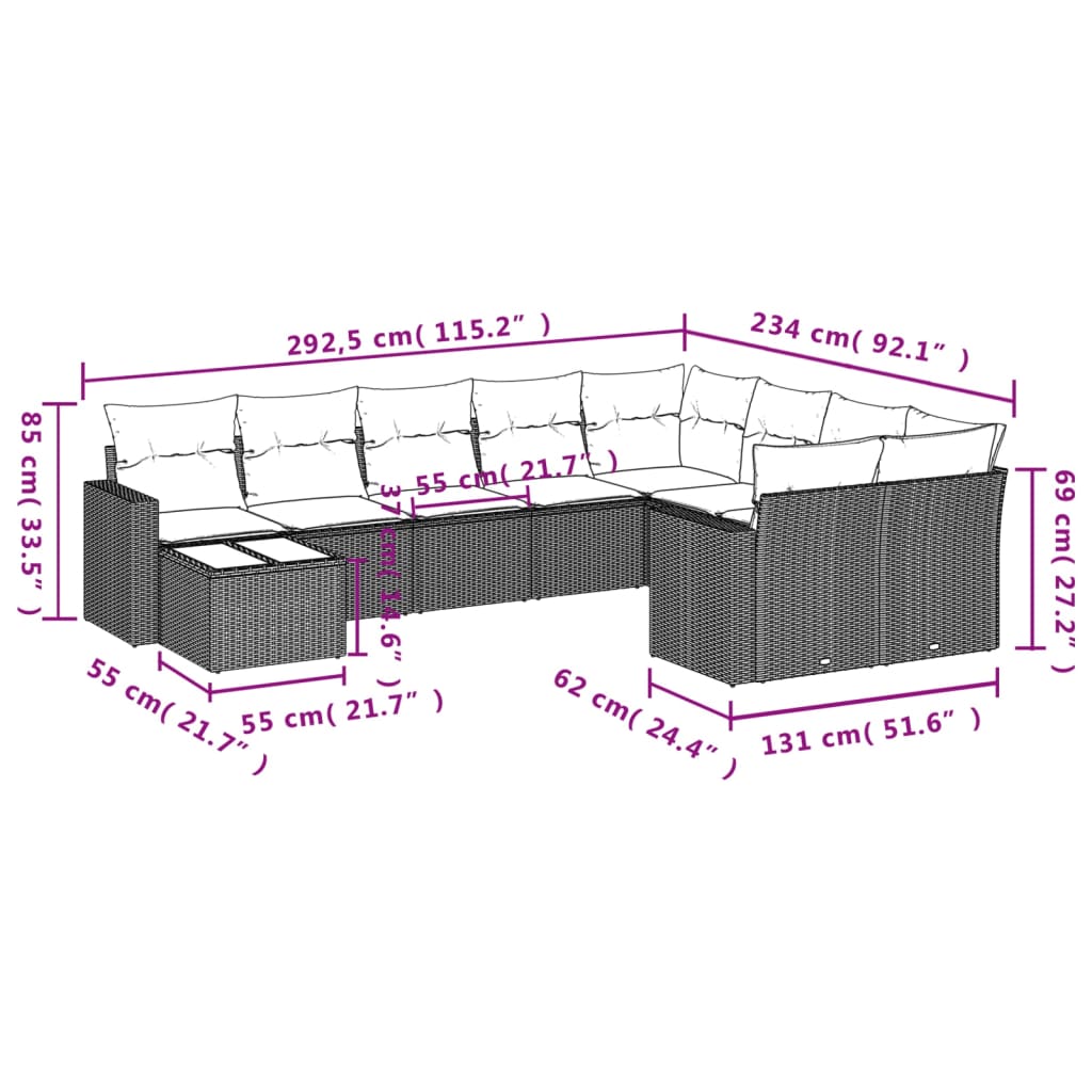 10-Delige Loungeset Met Kussens Poly Rattan Grijs