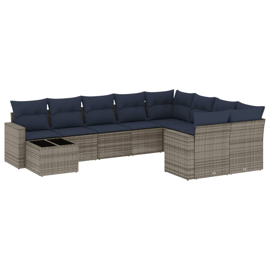 10-delige Loungeset met kussens poly rattan grijs