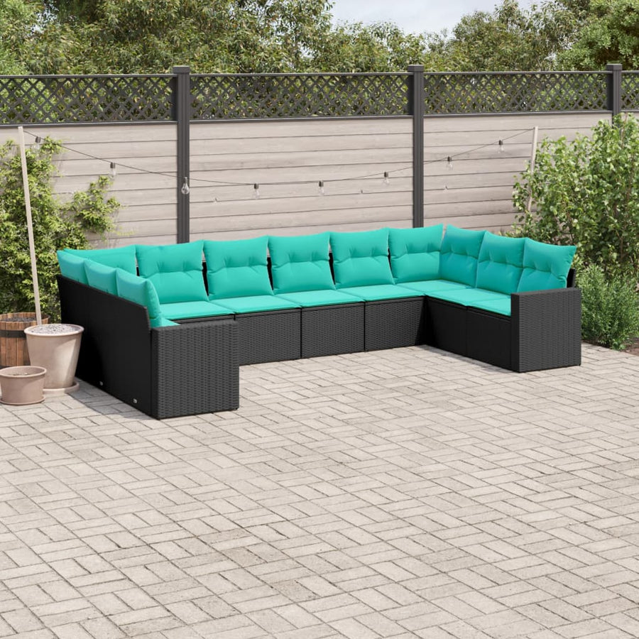 10-Delige Loungeset Met Kussens Poly Rattan Zwart en blauw
