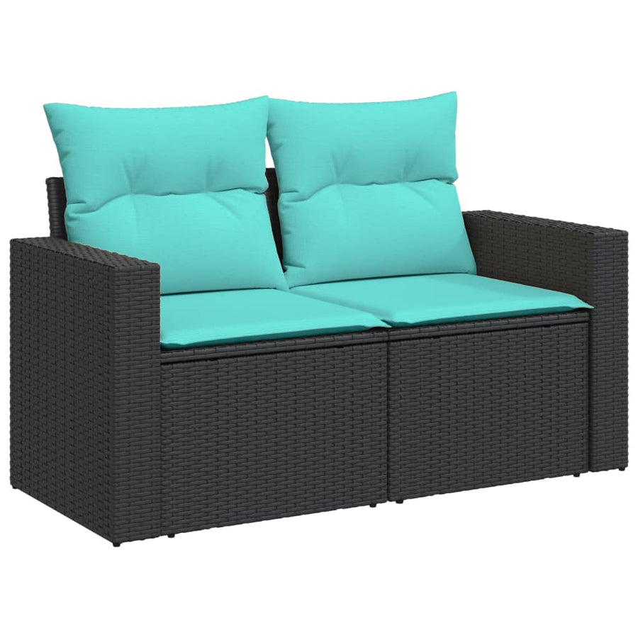 1 Loungeset Met Kussens Poly Rattan Zwart en blauw