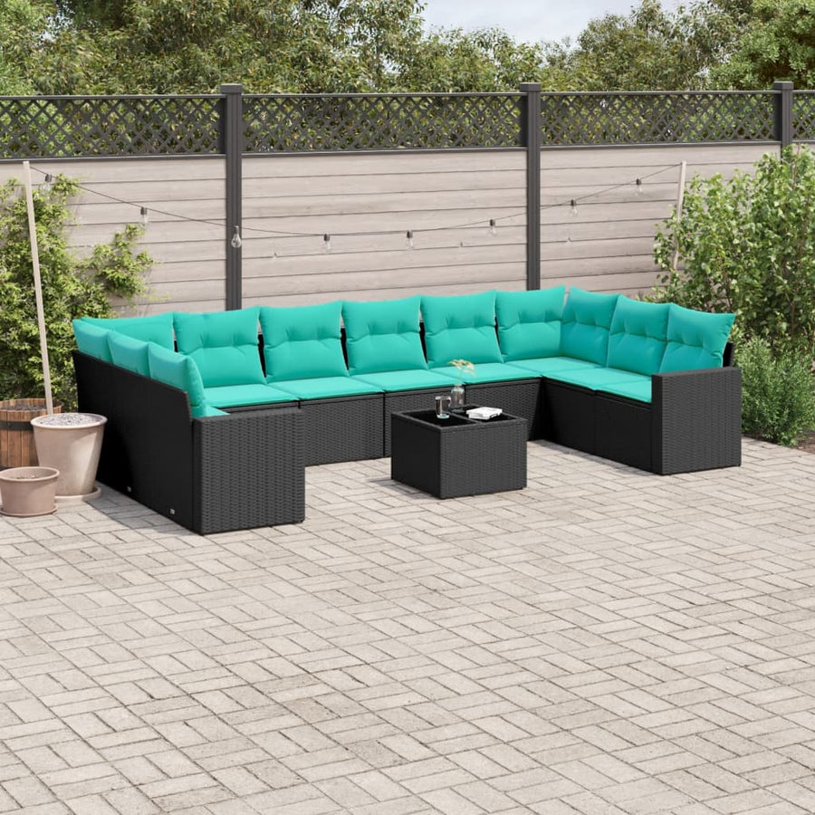 1 Loungeset Met Kussens Poly Rattan Zwart en blauw