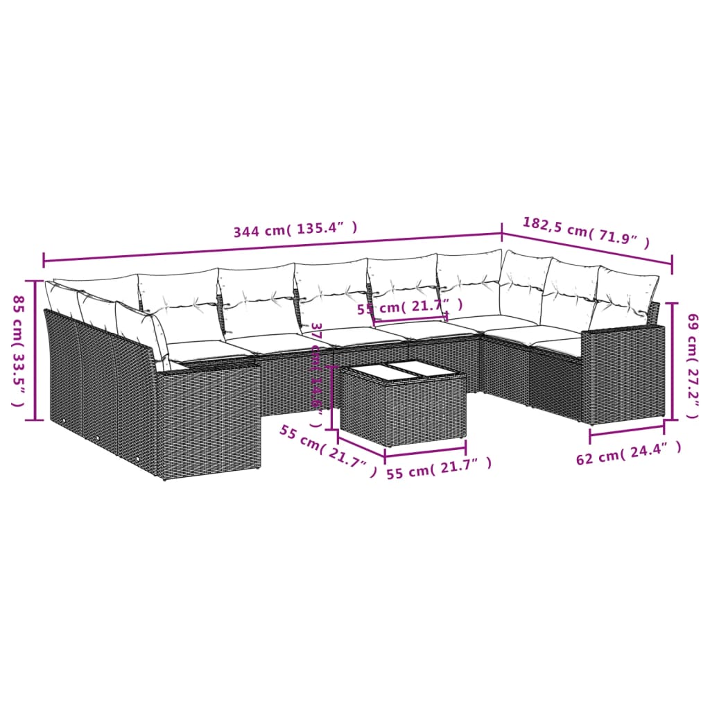11-delige Loungeset met kussens poly rattan grijs