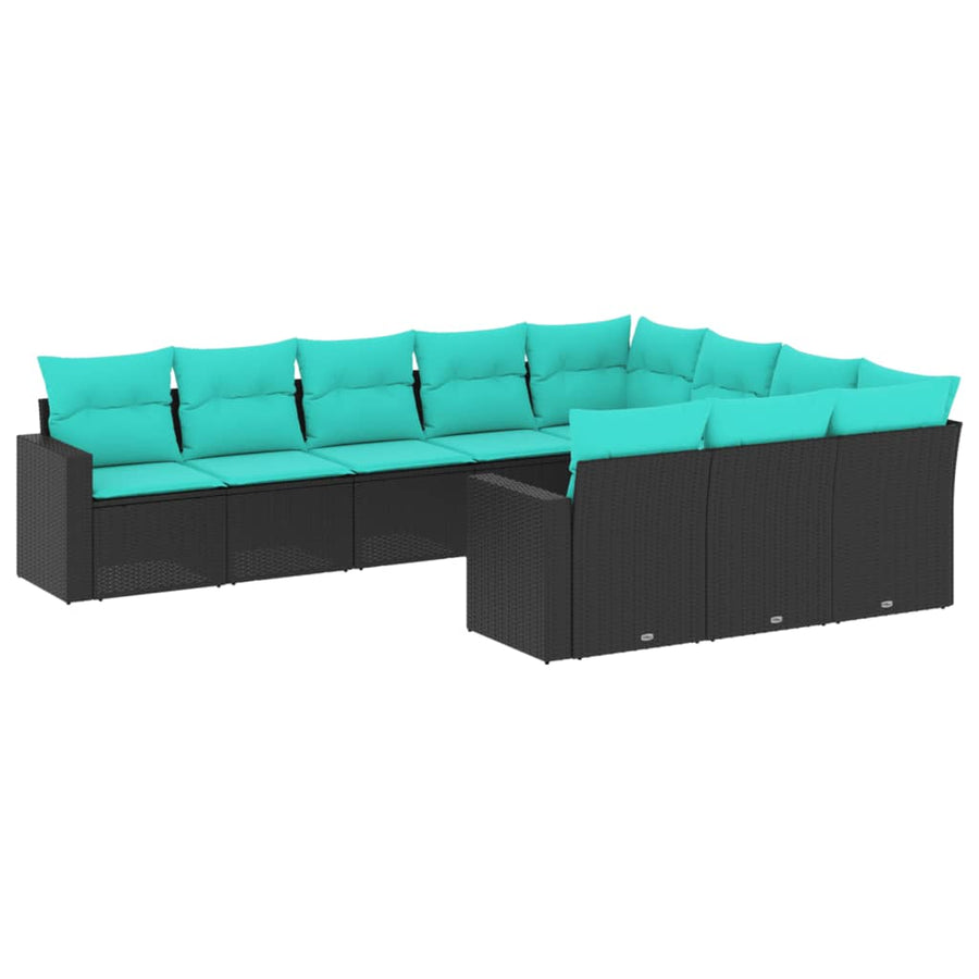 10-Delige Loungeset Met Kussens Poly Rattan Zwart en blauw