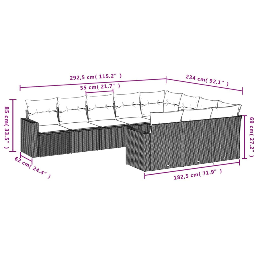 10-Delige Loungeset Met Kussens Poly Rattan Zwart en blauw