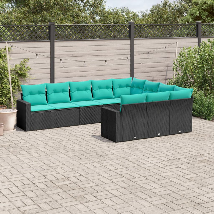 10-Delige Loungeset Met Kussens Poly Rattan Zwart en blauw