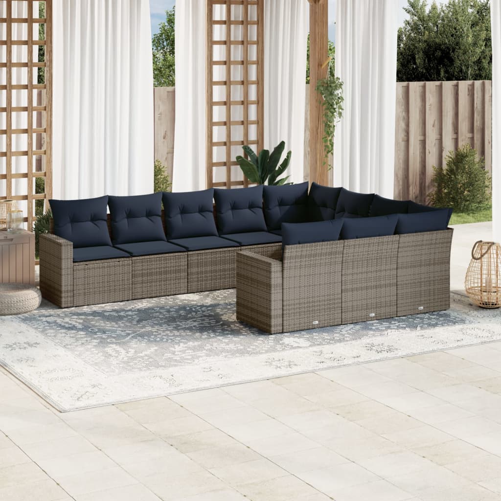 10-delige Loungeset met kussens poly rattan grijs