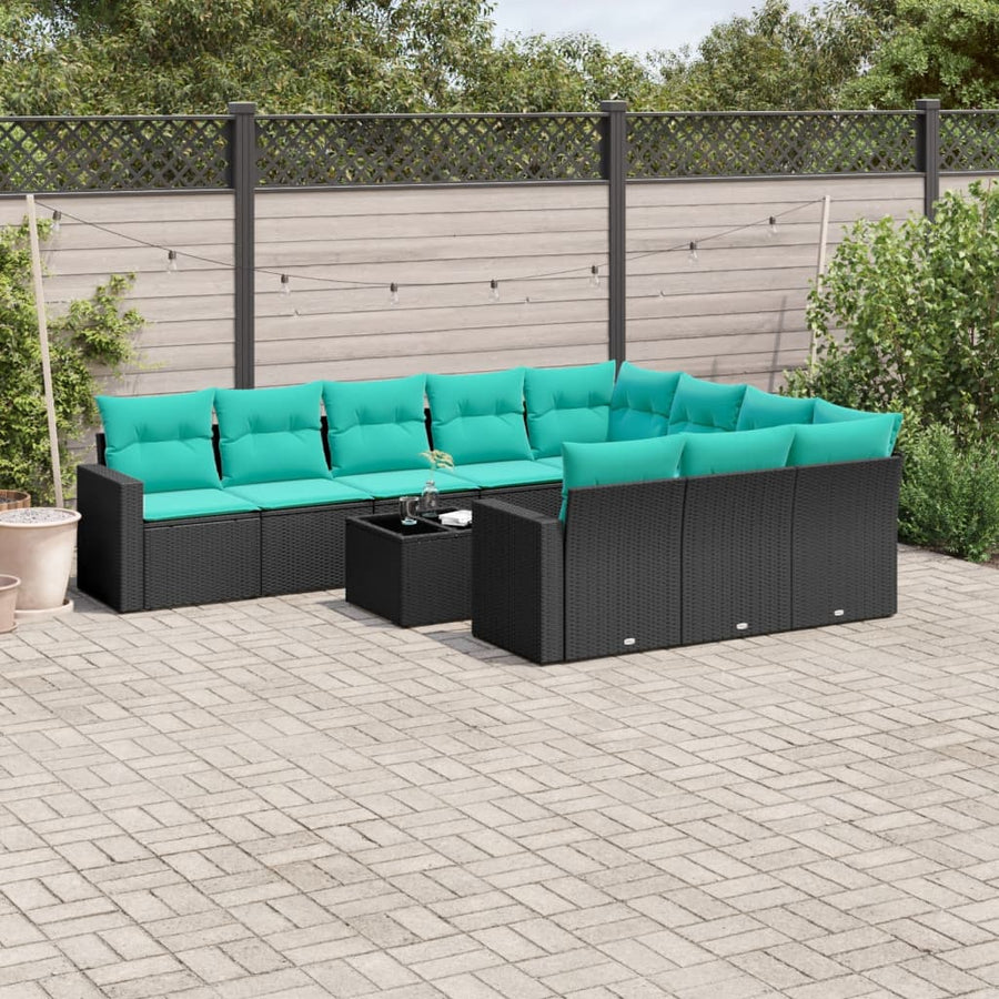 1 Loungeset Met Kussens Poly Rattan Zwart en blauw