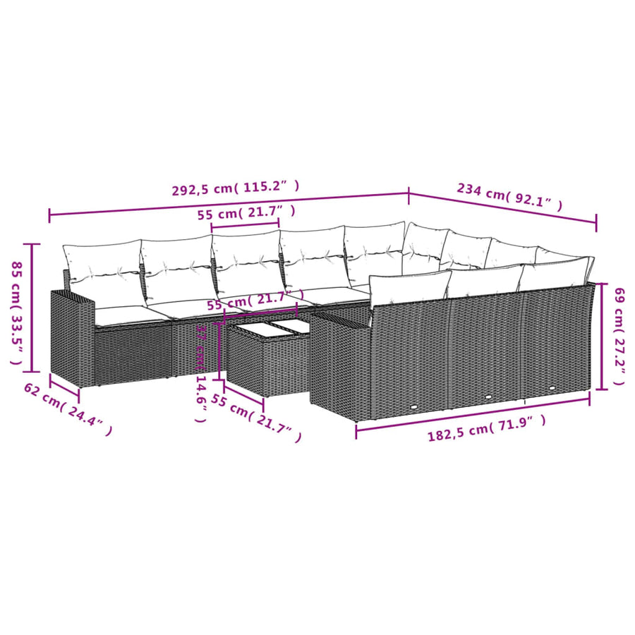 11-delige Loungeset met kussens poly rattan grijs