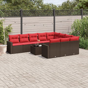 Loungeset 11-delig poly rattan bruin met rode kussens
