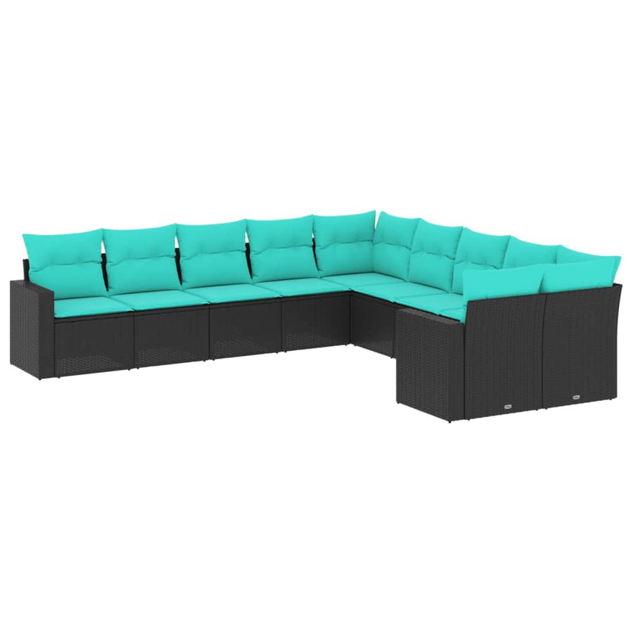 10-Delige Loungeset Met Kussens Poly Rattan Zwart en blauw