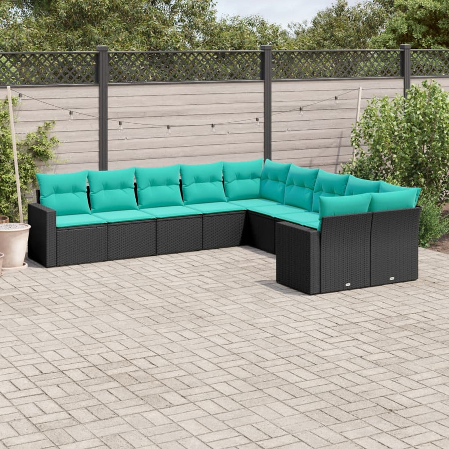 10-Delige Loungeset Met Kussens Poly Rattan Zwart en blauw