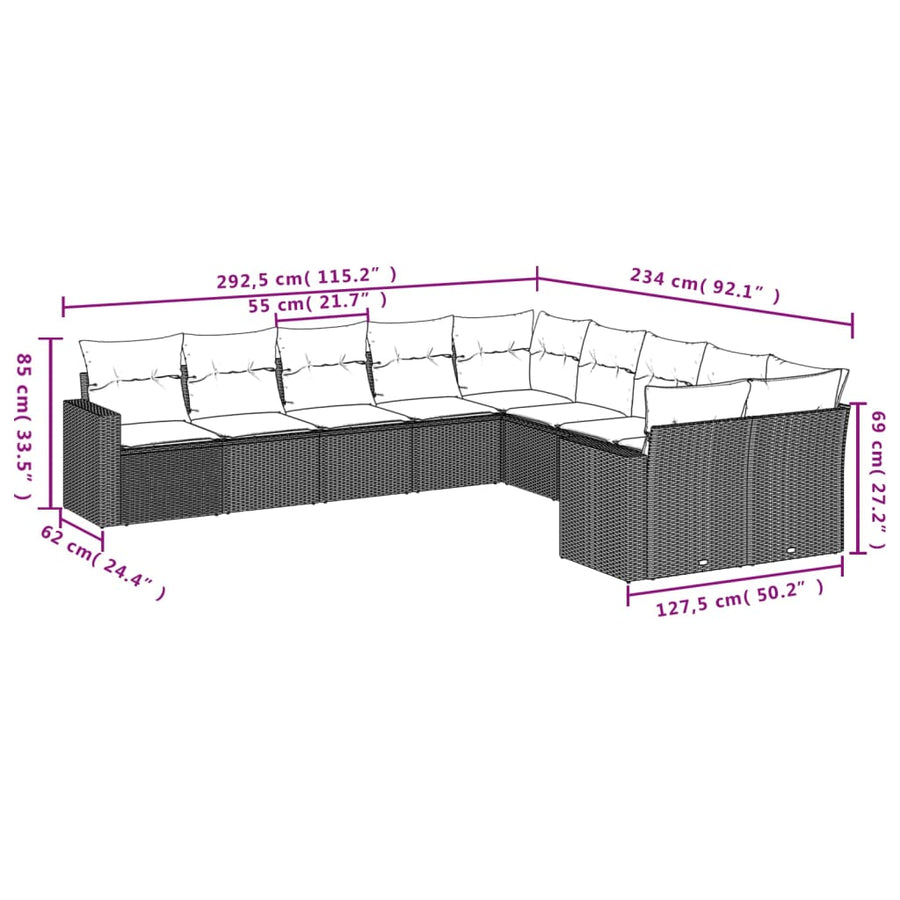 10-Delige Loungeset Met Kussens Poly Rattan Grijs