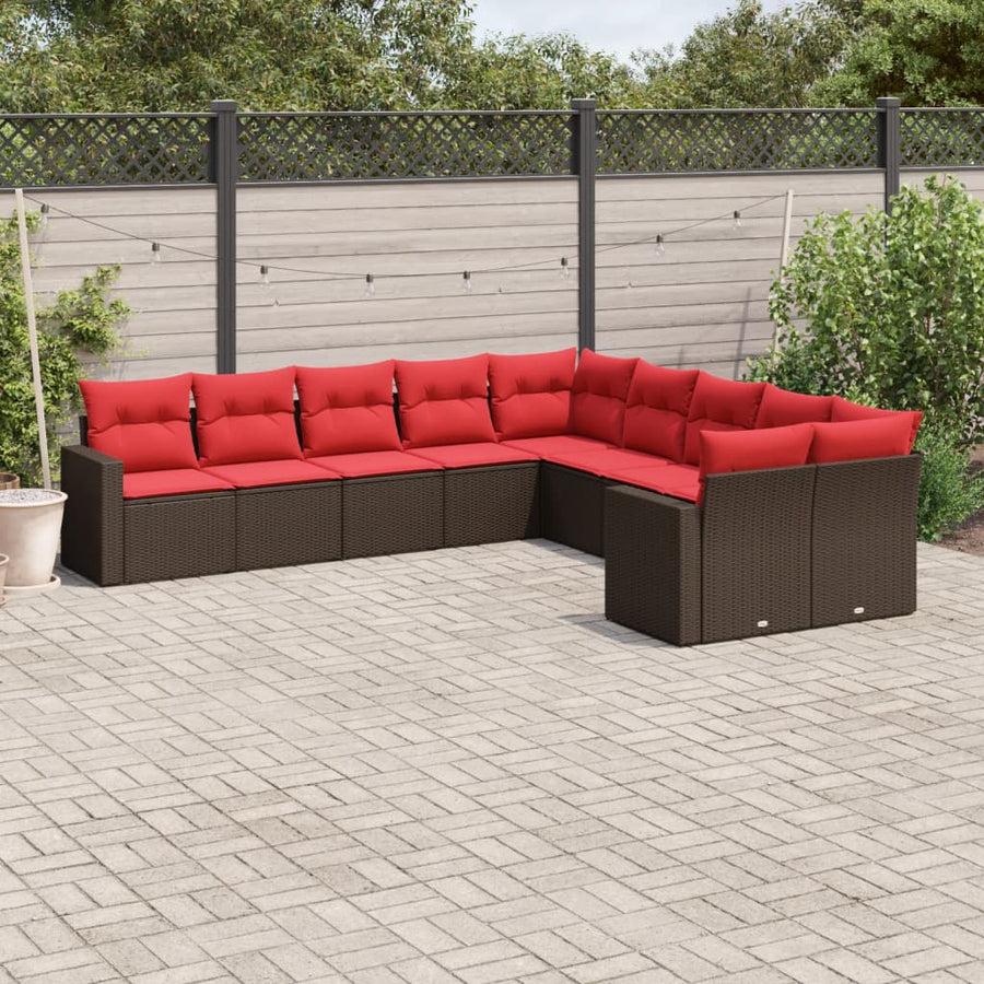 10-delige Loungeset met kussens poly rattan bruin