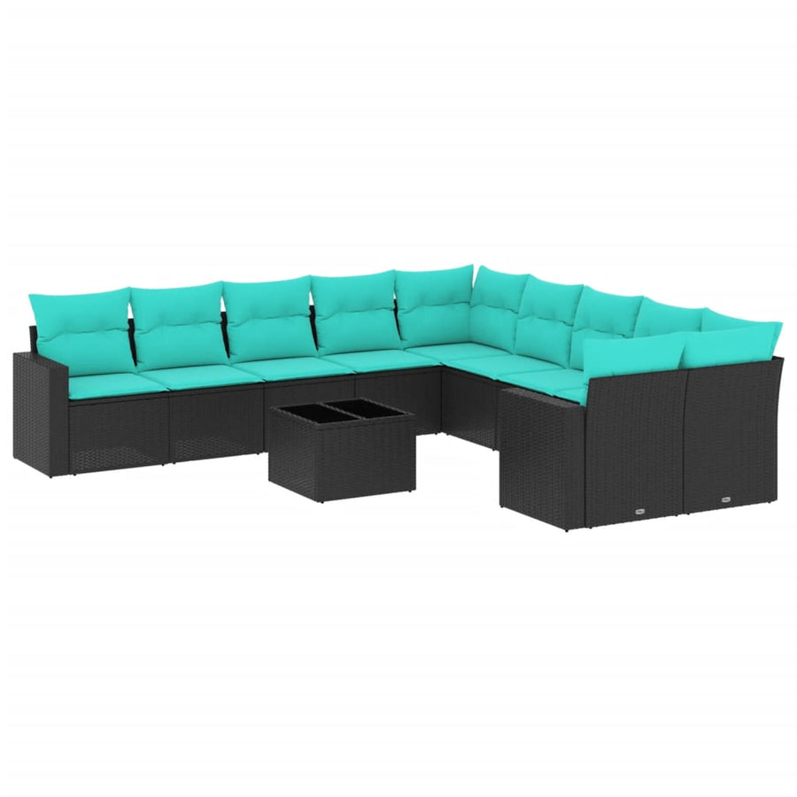 1 Loungeset Met Kussens Poly Rattan Zwart en blauw