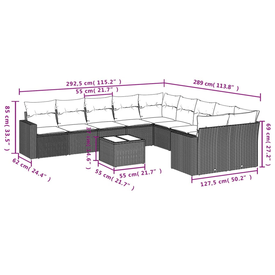 1 Loungeset Met Kussens Poly Rattan Zwart en blauw