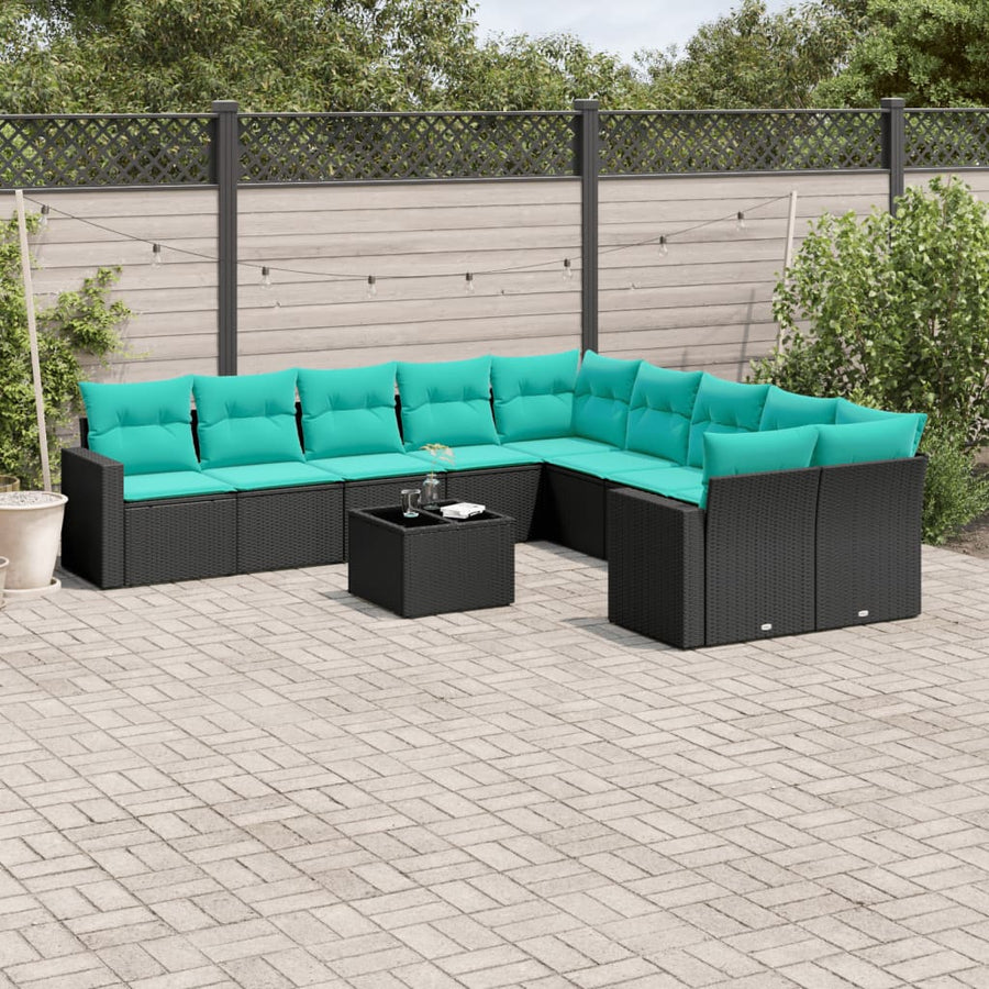 1 Loungeset Met Kussens Poly Rattan Zwart en blauw