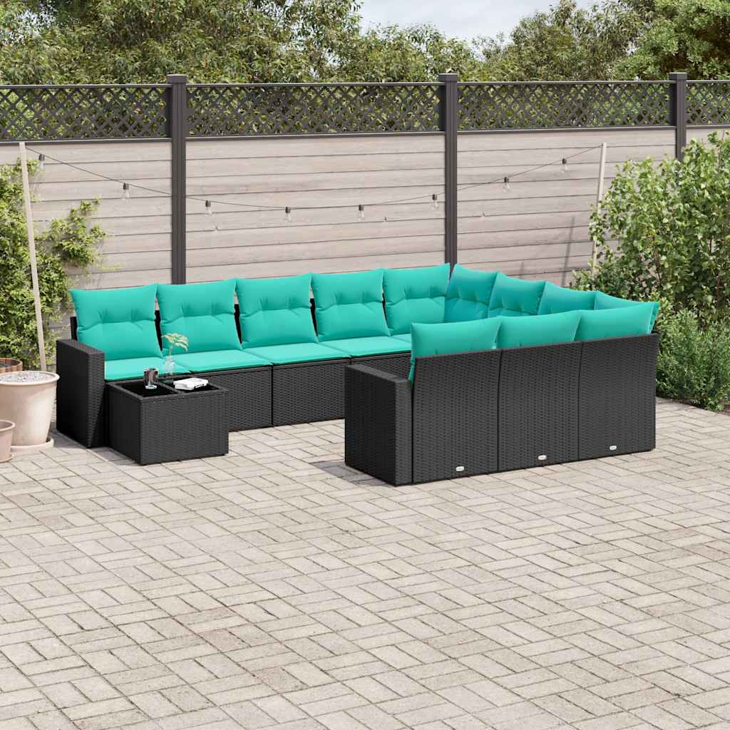 11-delige tuinbankset met kussens, zwart polyrotan