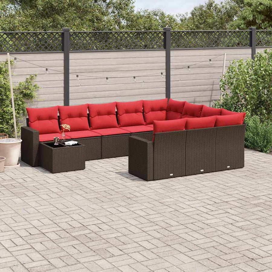 11-delige tuinbankset met kussens, bruin polyrotan